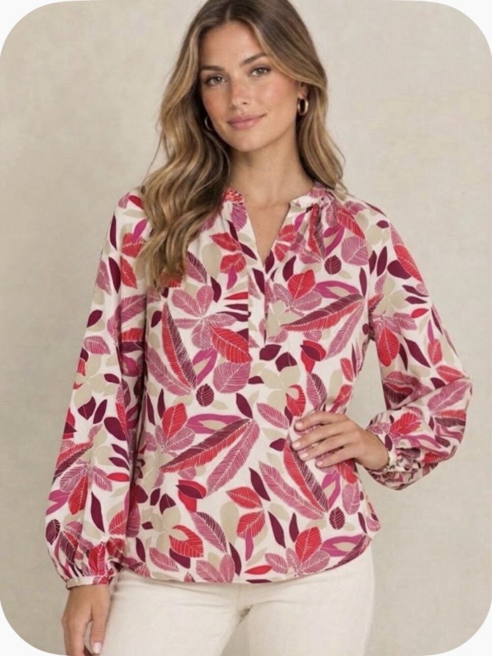 NEW Banana Republic Women Blouse Top MEDIUM Pink Tropical Leaf Split Neck M